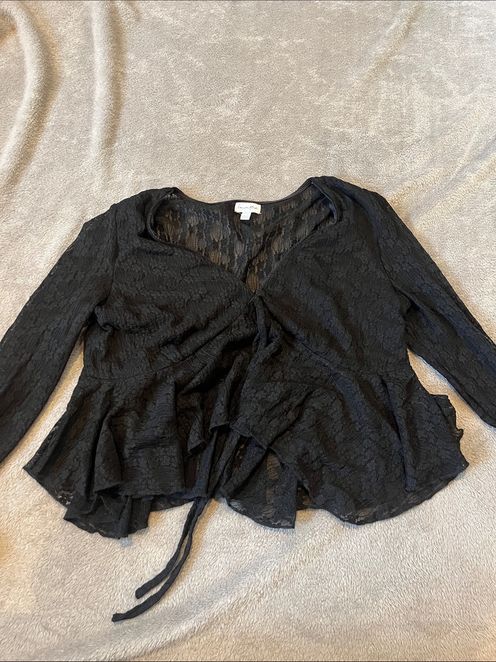 love, Fire Black Lace Wrap Blouse with Ruffle Hem
